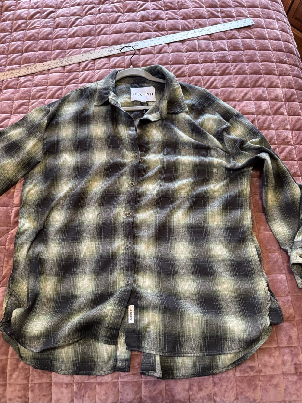 Lola River XL Oversized Green Black Plaid Button Front Back Shirt
